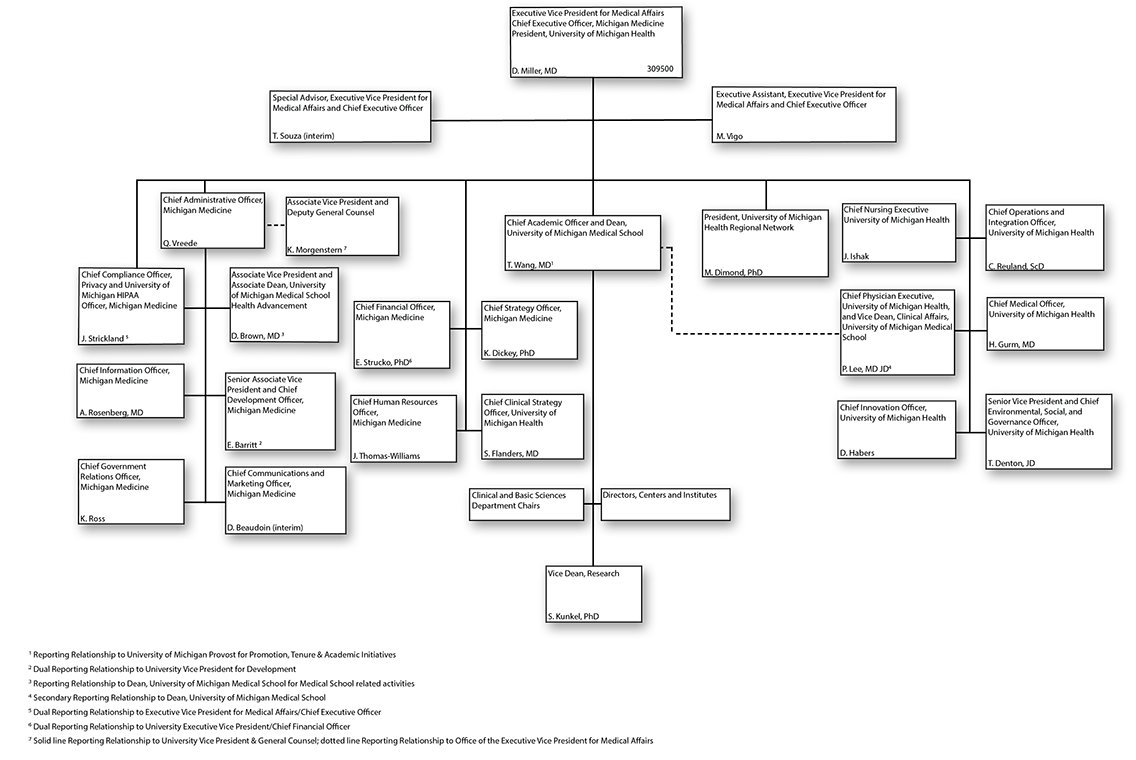Organizational chart for Executive Vice President for Medical Affairs and Chief Executive Officer, UMHS 