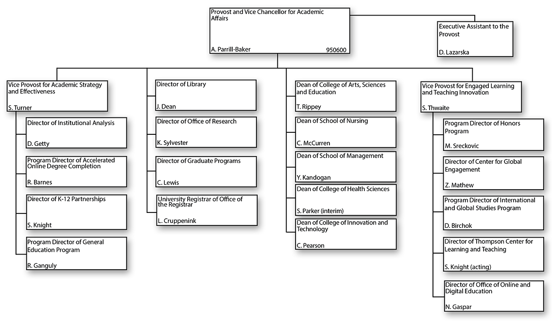 Organizational chart for Provost and Vice Chancellor for Academic Affairs